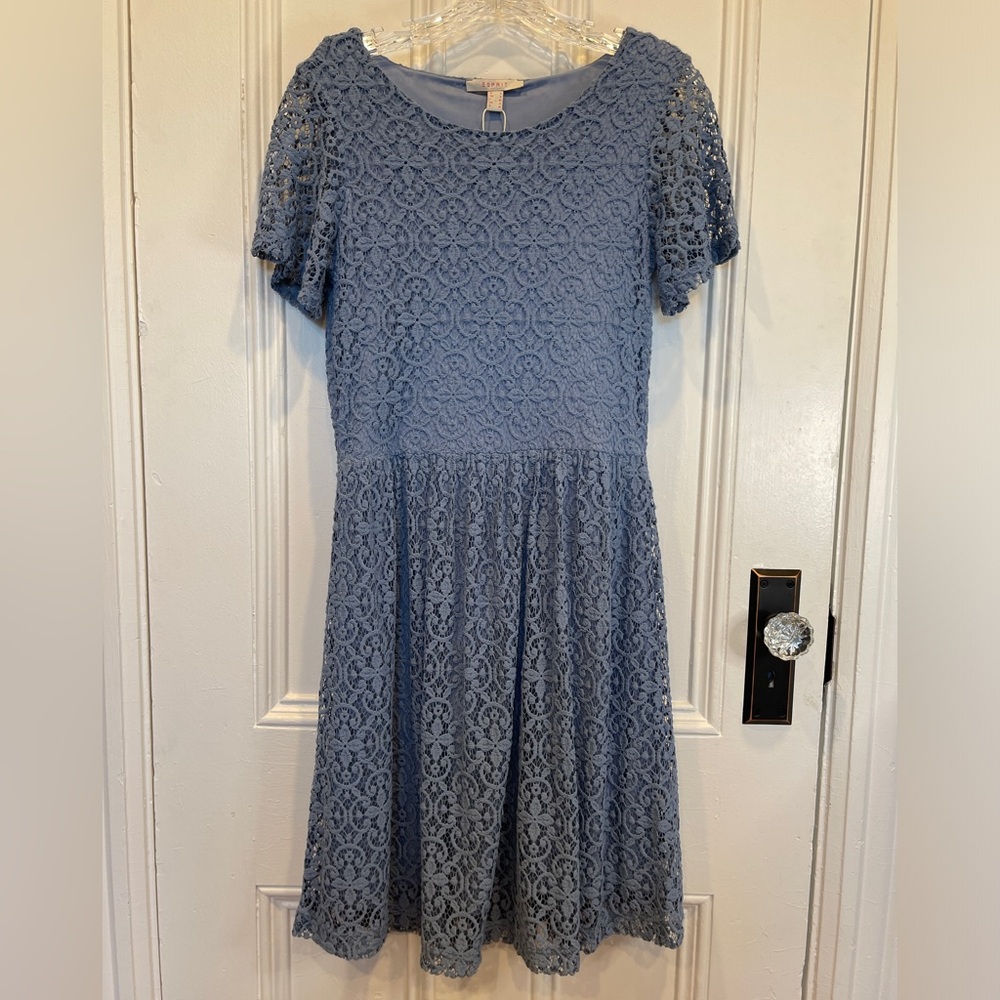 NWOT Esprit Blue Lace A-Line Scoop Neck Midi Dress Attached Lining Flared Hem